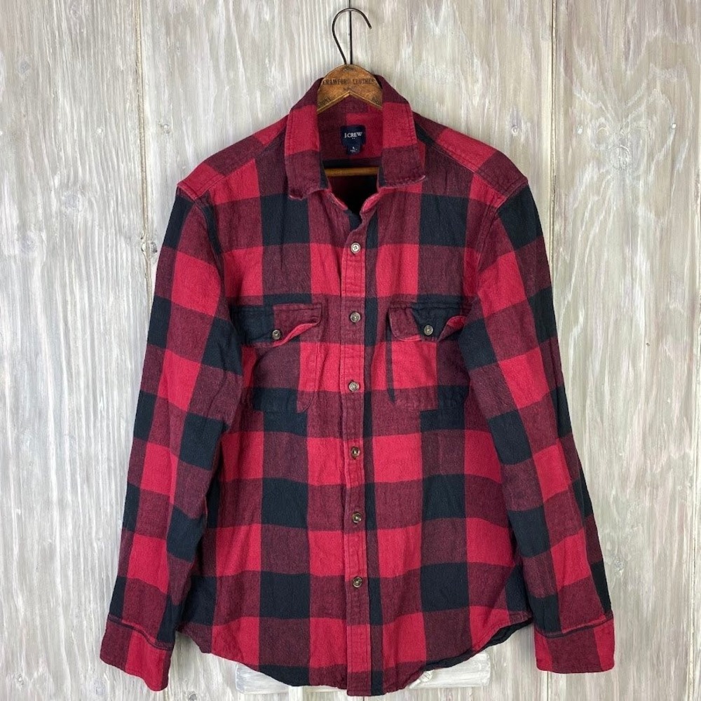 J‎ Crew Buffalo Check Red Heavyweight Work Flannel Shirt Shacket L Elbow Patches
